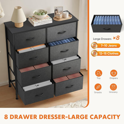 7 Drawer Dresser with Fabric Bins Fabric Storage Tower Organizer for Bedroom Closet Hallway Entryway Tall Chest of Drawers with Steel Frame Wood Top Easy Pull Handles,Black