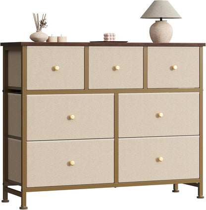 7 Drawer Dresser with Fabric Bins Fabric Storage Tower Organizer for Bedroom Closet Hallway Entryway Tall Chest of Drawers with Steel Frame Wood Top Easy Pull Handles,Black