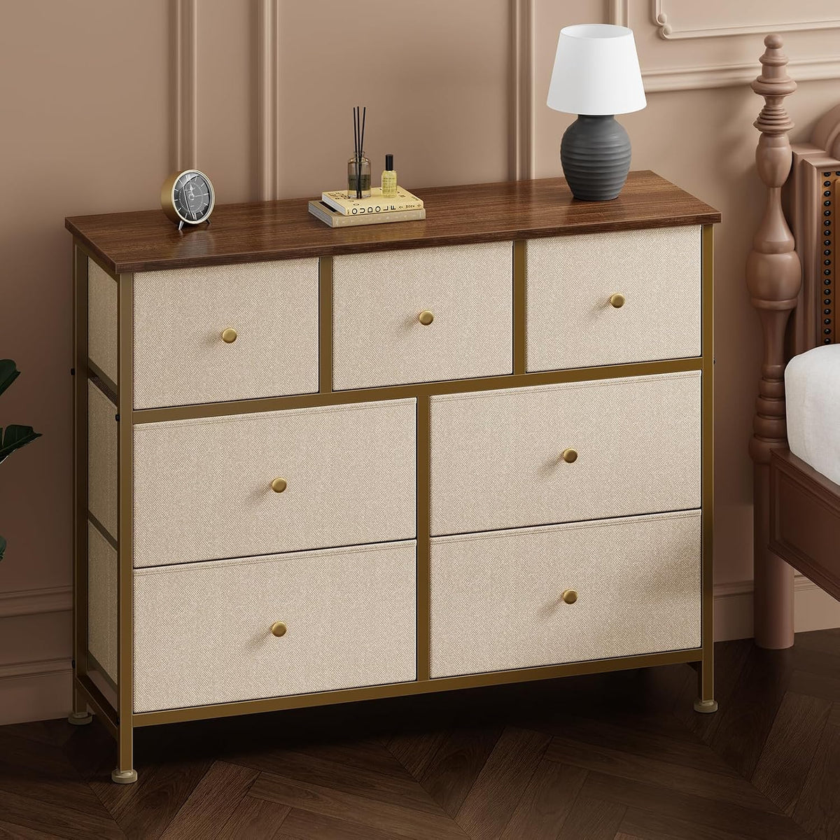 7 Drawer Dresser with Fabric Bins Fabric Storage Tower Organizer for Bedroom Closet Hallway Entryway Tall Chest of Drawers with Steel Frame Wood Top Easy Pull Handles,Black