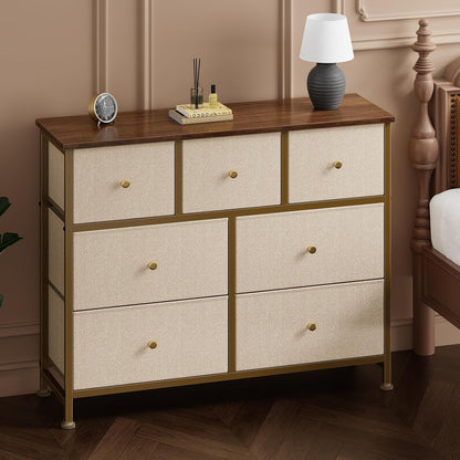 7 Drawer Dresser with Fabric Bins Fabric Storage Tower Organizer for Bedroom Closet Hallway Entryway Tall Chest of Drawers with Steel Frame Wood Top Easy Pull Handles,Black
