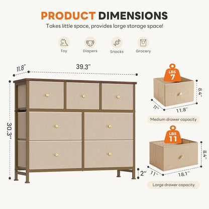 7 Drawer Dresser with Fabric Bins Fabric Storage Tower Organizer for Bedroom Closet Hallway Entryway Tall Chest of Drawers with Steel Frame Wood Top Easy Pull Handles,Black