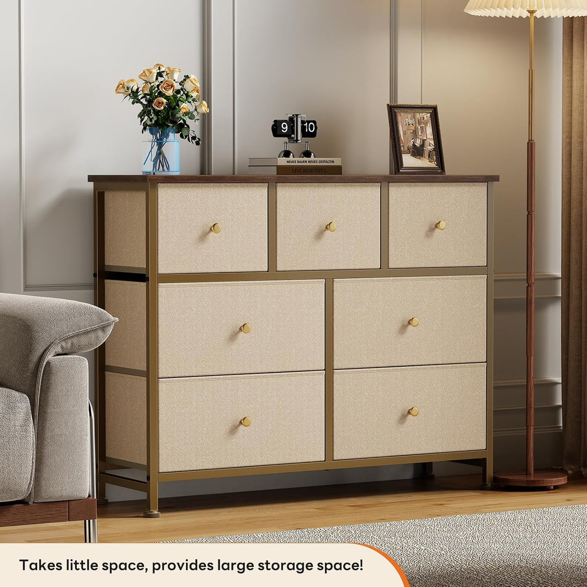 7 Drawer Dresser with Fabric Bins Fabric Storage Tower Organizer for Bedroom Closet Hallway Entryway Tall Chest of Drawers with Steel Frame Wood Top Easy Pull Handles,Black
