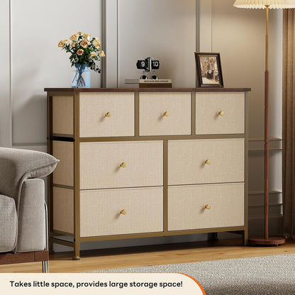 7 Drawer Dresser with Fabric Bins Fabric Storage Tower Organizer for Bedroom Closet Hallway Entryway Tall Chest of Drawers with Steel Frame Wood Top Easy Pull Handles,Black