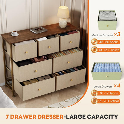 7 Drawer Dresser with Fabric Bins Fabric Storage Tower Organizer for Bedroom Closet Hallway Entryway Tall Chest of Drawers with Steel Frame Wood Top Easy Pull Handles,Black