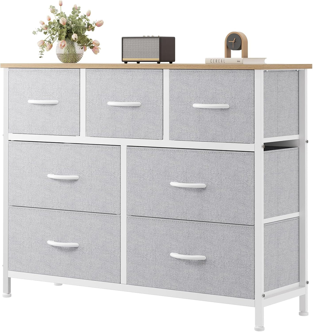 7 Drawer Dresser with Fabric Bins Fabric Storage Tower Organizer for Bedroom Closet Hallway Entryway Tall Chest of Drawers with Steel Frame Wood Top Easy Pull Handles,Black