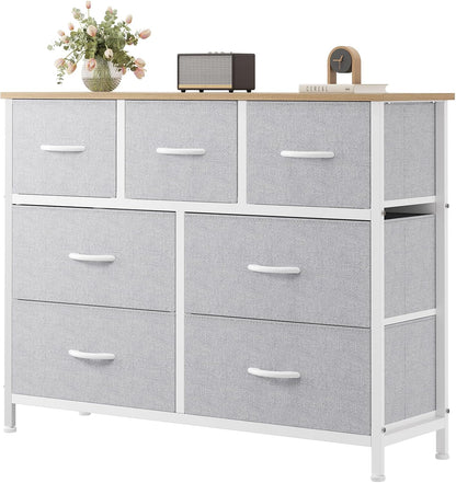 7 Drawer Dresser with Fabric Bins Fabric Storage Tower Organizer for Bedroom Closet Hallway Entryway Tall Chest of Drawers with Steel Frame Wood Top Easy Pull Handles,Black