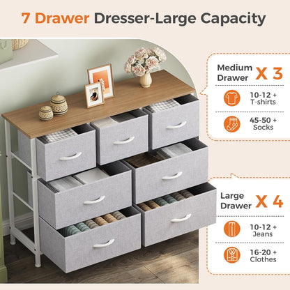 7 Drawer Dresser with Fabric Bins Fabric Storage Tower Organizer for Bedroom Closet Hallway Entryway Tall Chest of Drawers with Steel Frame Wood Top Easy Pull Handles,Black