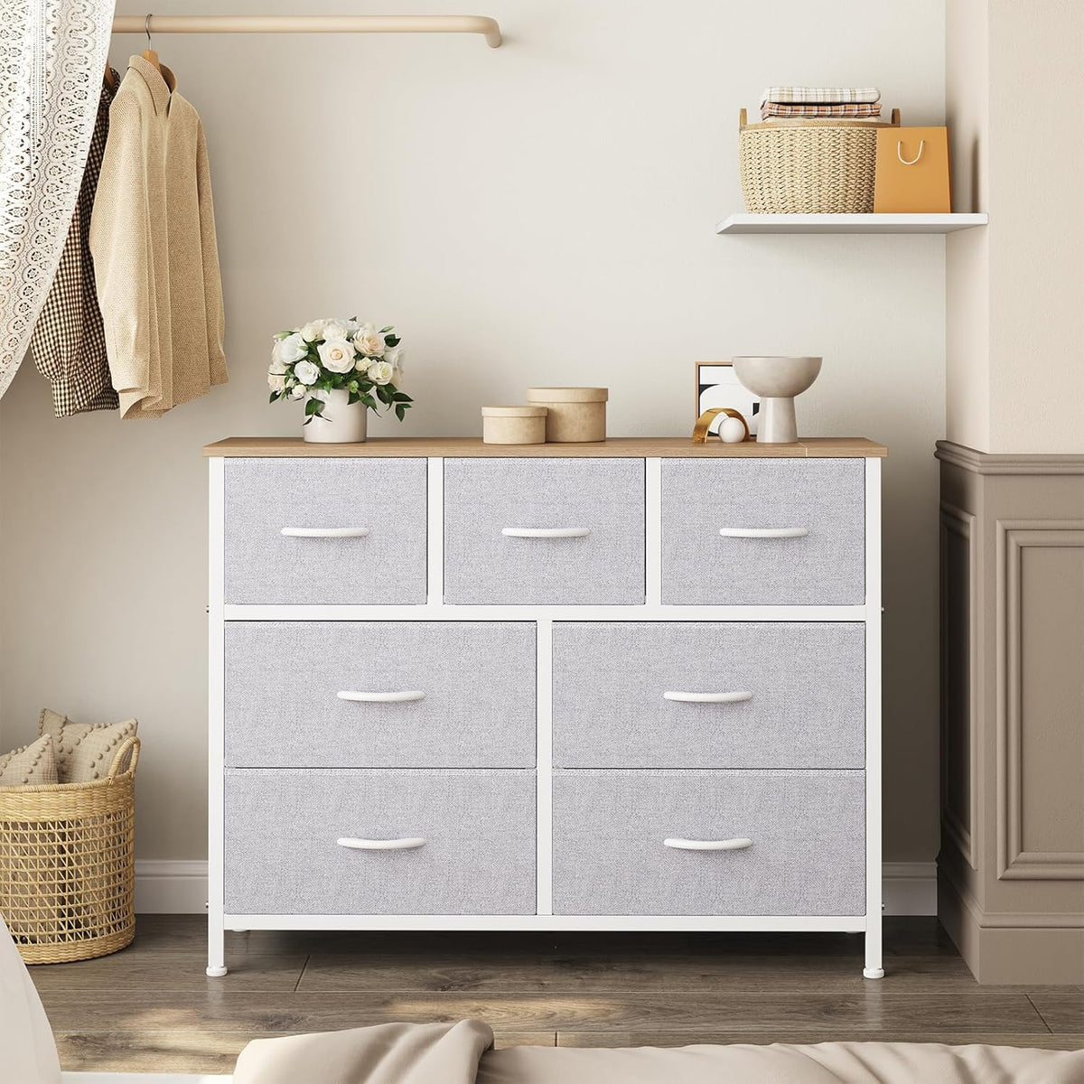 7 Drawer Dresser with Fabric Bins Fabric Storage Tower Organizer for Bedroom Closet Hallway Entryway Tall Chest of Drawers with Steel Frame Wood Top Easy Pull Handles,Black