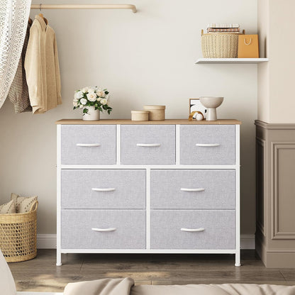 7 Drawer Dresser with Fabric Bins Fabric Storage Tower Organizer for Bedroom Closet Hallway Entryway Tall Chest of Drawers with Steel Frame Wood Top Easy Pull Handles,Black