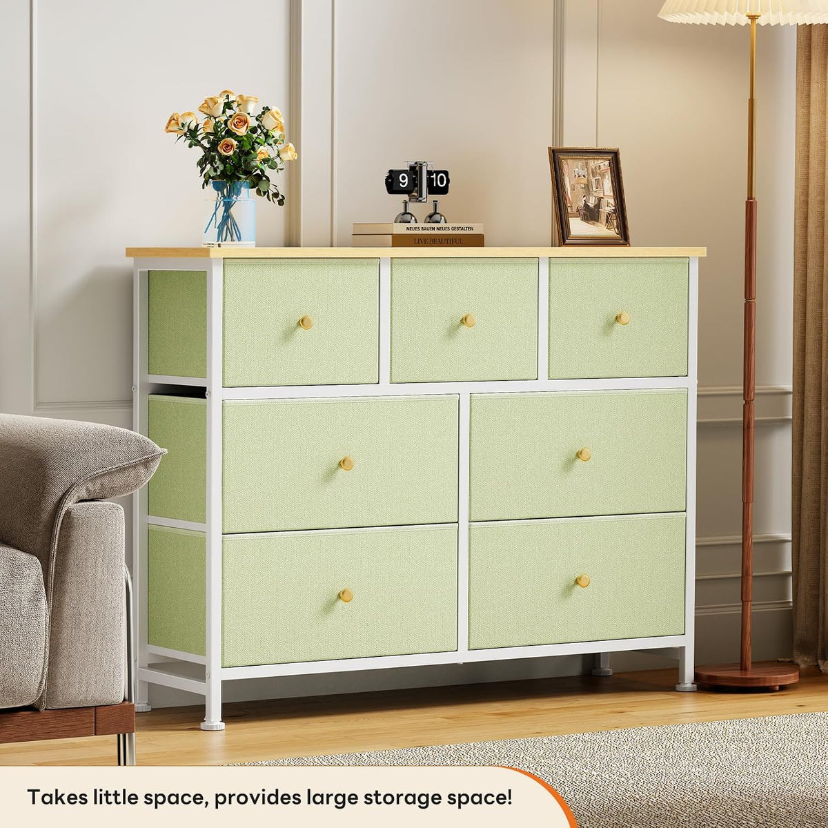 7 Drawer Dresser with Fabric Bins Fabric Storage Tower Organizer for Bedroom Closet Hallway Entryway Tall Chest of Drawers with Steel Frame Wood Top Easy Pull Handles,Black