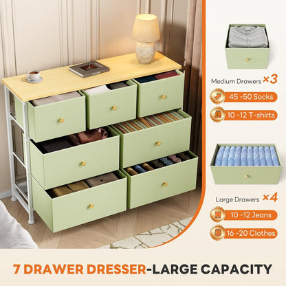 7 Drawer Dresser with Fabric Bins Fabric Storage Tower Organizer for Bedroom Closet Hallway Entryway Tall Chest of Drawers with Steel Frame Wood Top Easy Pull Handles,Black
