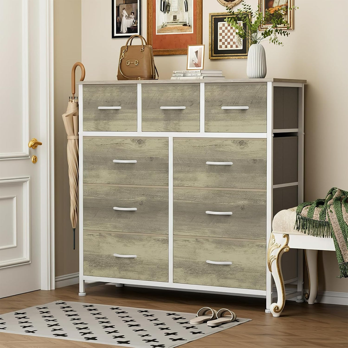 7 Drawer Dresser with Fabric Bins Fabric Storage Tower Organizer for Bedroom Closet Hallway Entryway Tall Chest of Drawers with Steel Frame Wood Top Easy Pull Handles,Black