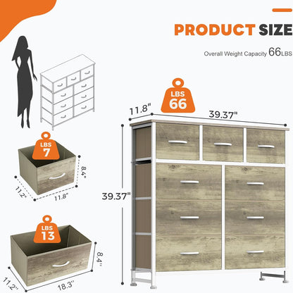 7 Drawer Dresser with Fabric Bins Fabric Storage Tower Organizer for Bedroom Closet Hallway Entryway Tall Chest of Drawers with Steel Frame Wood Top Easy Pull Handles,Black