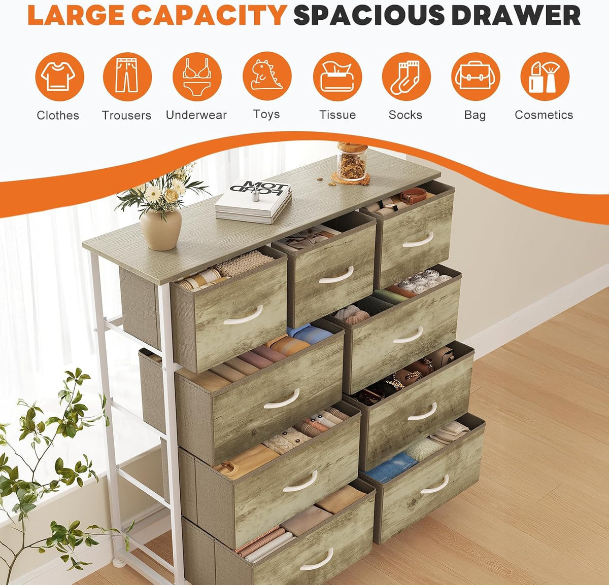 7 Drawer Dresser with Fabric Bins Fabric Storage Tower Organizer for Bedroom Closet Hallway Entryway Tall Chest of Drawers with Steel Frame Wood Top Easy Pull Handles,Black