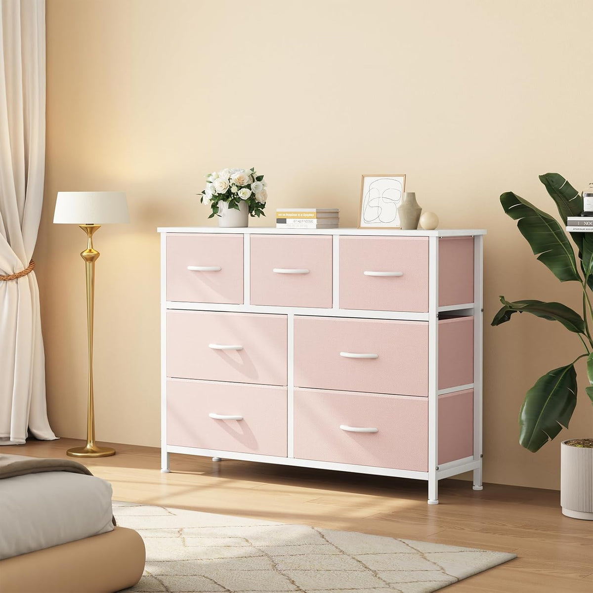 7 Drawer Dresser with Fabric Bins Fabric Storage Tower Organizer for Bedroom Closet Hallway Entryway Tall Chest of Drawers with Steel Frame Wood Top Easy Pull Handles,Black