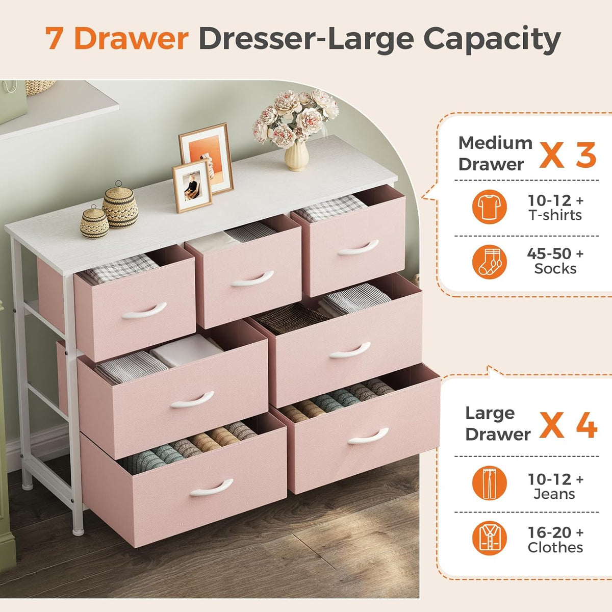 7 Drawer Dresser with Fabric Bins Fabric Storage Tower Organizer for Bedroom Closet Hallway Entryway Tall Chest of Drawers with Steel Frame Wood Top Easy Pull Handles,Black