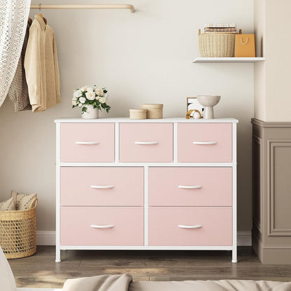 7 Drawer Dresser with Fabric Bins Fabric Storage Tower Organizer for Bedroom Closet Hallway Entryway Tall Chest of Drawers with Steel Frame Wood Top Easy Pull Handles,Black