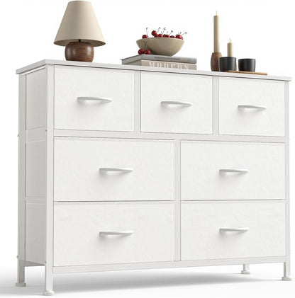 7 Drawer Dresser with Fabric Bins Fabric Storage Tower Organizer for Bedroom Closet Hallway Entryway Tall Chest of Drawers with Steel Frame Wood Top Easy Pull Handles,Black