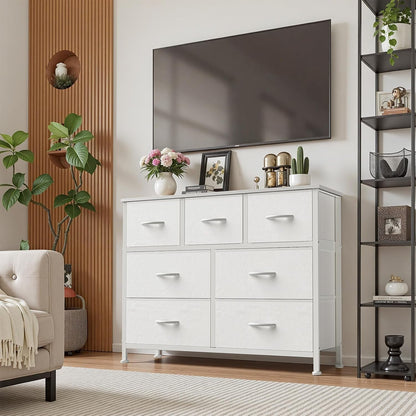 7 Drawer Dresser with Fabric Bins Fabric Storage Tower Organizer for Bedroom Closet Hallway Entryway Tall Chest of Drawers with Steel Frame Wood Top Easy Pull Handles,Black