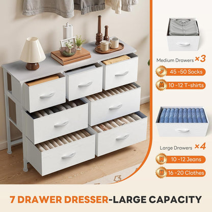 7 Drawer Dresser with Fabric Bins Fabric Storage Tower Organizer for Bedroom Closet Hallway Entryway Tall Chest of Drawers with Steel Frame Wood Top Easy Pull Handles,Black
