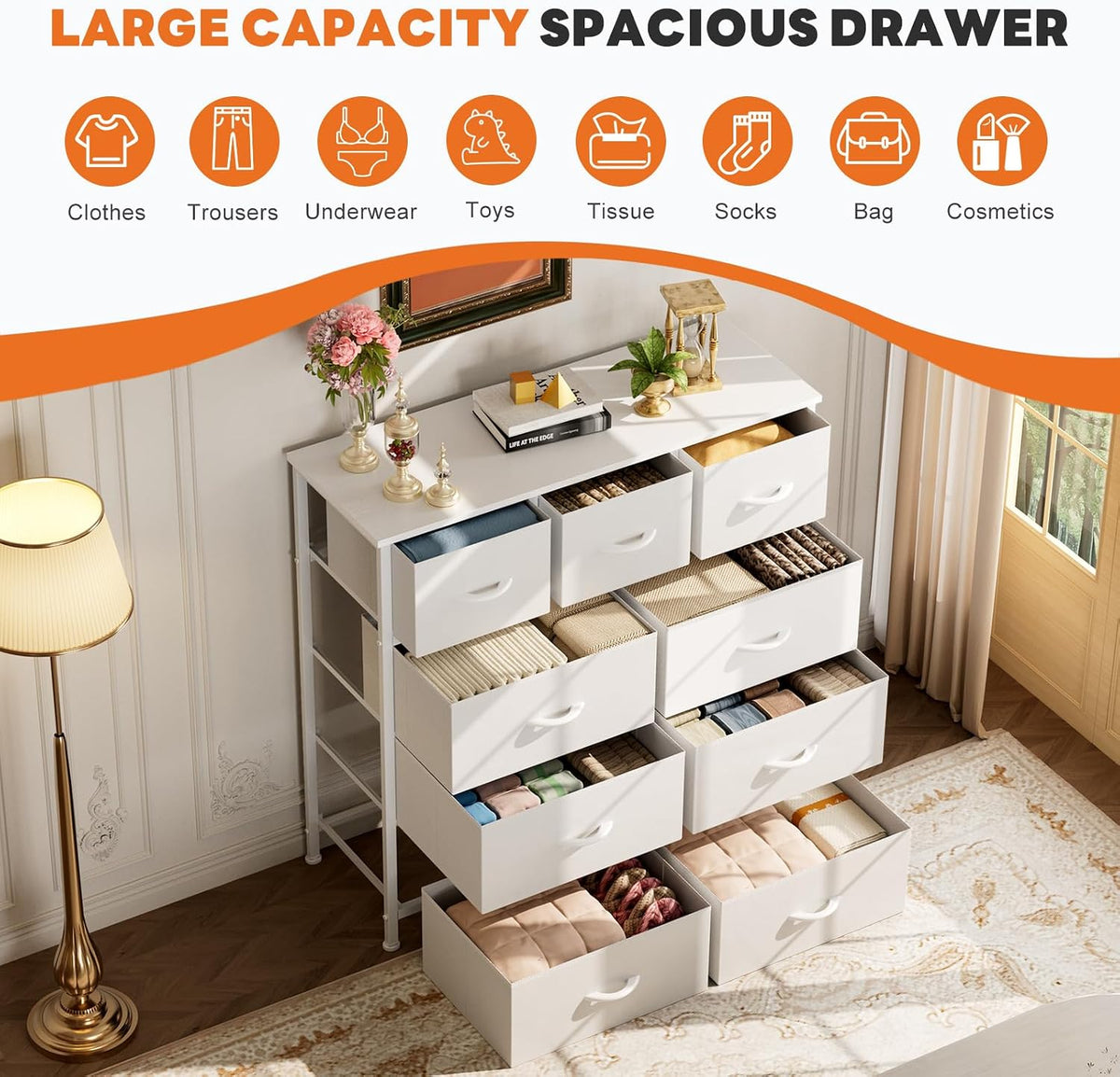 7 Drawer Dresser with Fabric Bins Fabric Storage Tower Organizer for Bedroom Closet Hallway Entryway Tall Chest of Drawers with Steel Frame Wood Top Easy Pull Handles,Black