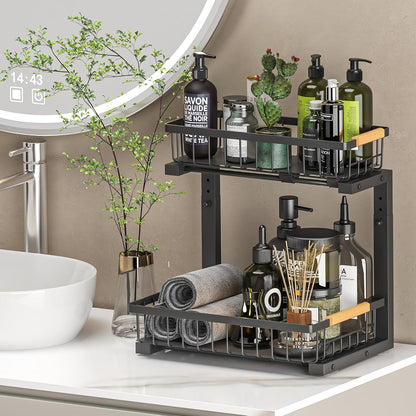 Under Sink Organizer 2 Pack, 2 Tier Slide Out Large Capacity Height Adjustable Under Sink Organizers and Storage for Kitchen Bathroom Cabinet, White