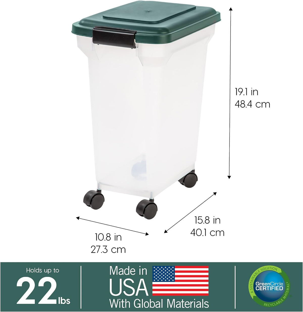 Airtight Pet Food Container, Up to 30 lbs & 11 lbs, Green | Airtight Seal, BPA-Free, 2-Cup Scoop, Stackable Design, Rolling Wheels, Dual Storage