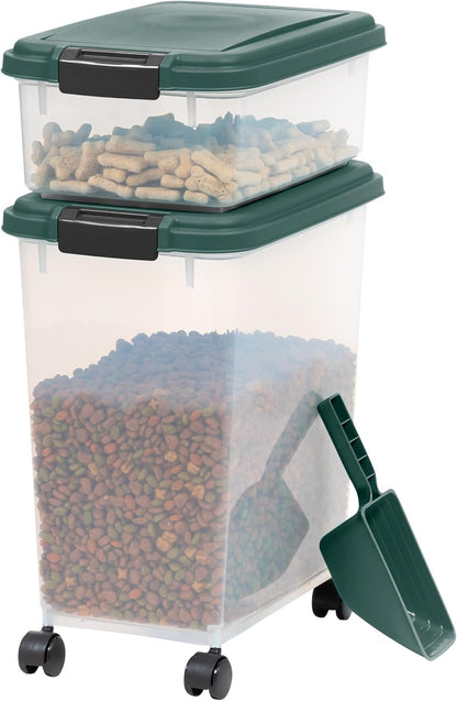 Airtight Pet Food Container, Up to 30 lbs & 11 lbs, Green | Airtight Seal, BPA-Free, 2-Cup Scoop, Stackable Design, Rolling Wheels, Dual Storage