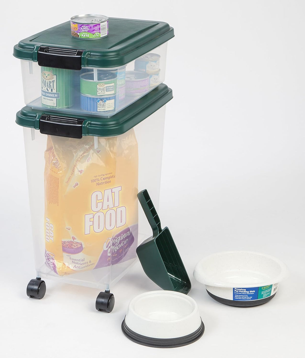 Airtight Pet Food Container, Up to 30 lbs & 11 lbs, Green | Airtight Seal, BPA-Free, 2-Cup Scoop, Stackable Design, Rolling Wheels, Dual Storage
