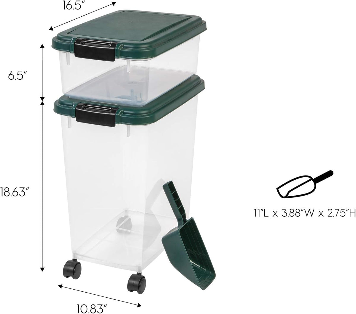 Airtight Pet Food Container, Up to 30 lbs & 11 lbs, Green | Airtight Seal, BPA-Free, 2-Cup Scoop, Stackable Design, Rolling Wheels, Dual Storage