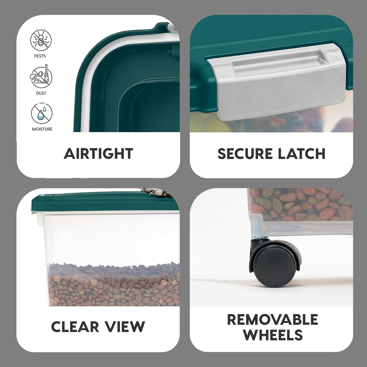 Airtight Pet Food Container, Up to 30 lbs & 11 lbs, Green | Airtight Seal, BPA-Free, 2-Cup Scoop, Stackable Design, Rolling Wheels, Dual Storage