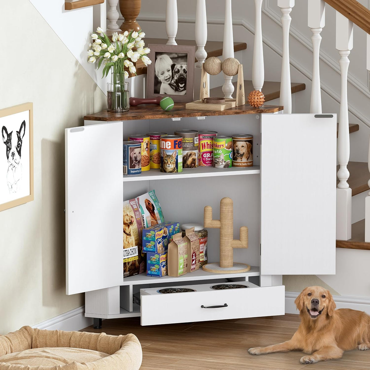 Farmhouse Dog Food Storage Corner Cabinet, Dog Feeding Station with 2 Hidden Bowls, Adjustable Panel, 4 Hooks, Pet Feeding Station Corner Cabinet for Medium, Small Sized Dogs