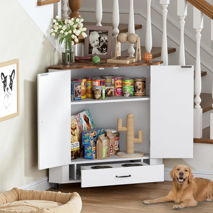 Farmhouse Dog Food Storage Corner Cabinet, Dog Feeding Station with 2 Hidden Bowls, Adjustable Panel, 4 Hooks, Pet Feeding Station Corner Cabinet for Medium, Small Sized Dogs