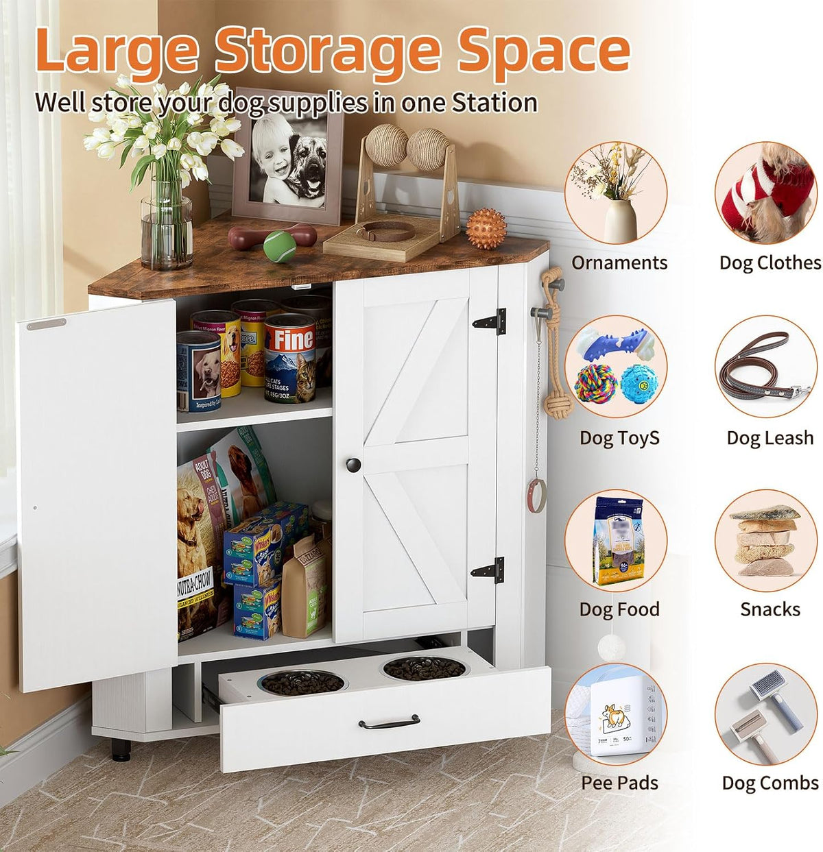 Farmhouse Dog Food Storage Corner Cabinet, Dog Feeding Station with 2 Hidden Bowls, Adjustable Panel, 4 Hooks, Pet Feeding Station Corner Cabinet for Medium, Small Sized Dogs