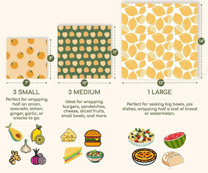 Reusable Beeswax Food Wraps Summer Orchard – Non Toxic, Plastic Free, Silicone Free, Sustainable, Environmentally Friendly, Organic Cotton Beeswax Wraps (S, M, L)