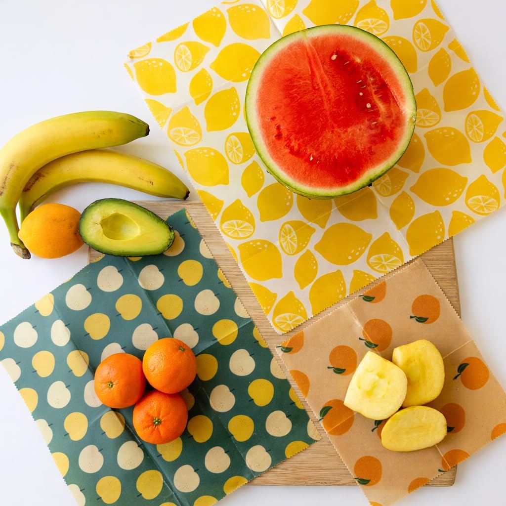 Reusable Beeswax Food Wraps Summer Orchard – Non Toxic, Plastic Free, Silicone Free, Sustainable, Environmentally Friendly, Organic Cotton Beeswax Wraps (S, M, L)