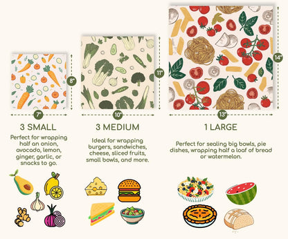 Reusable Beeswax Food Wraps Summer Orchard – Non Toxic, Plastic Free, Silicone Free, Sustainable, Environmentally Friendly, Organic Cotton Beeswax Wraps (S, M, L)