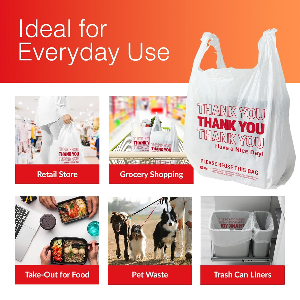 . Thank You Plastic Bags (350 Count) | Carry Out, Grocery, Shopping Bag, Restaurants, Convenience Store, 11.5" x 6.5" x 21" (White)