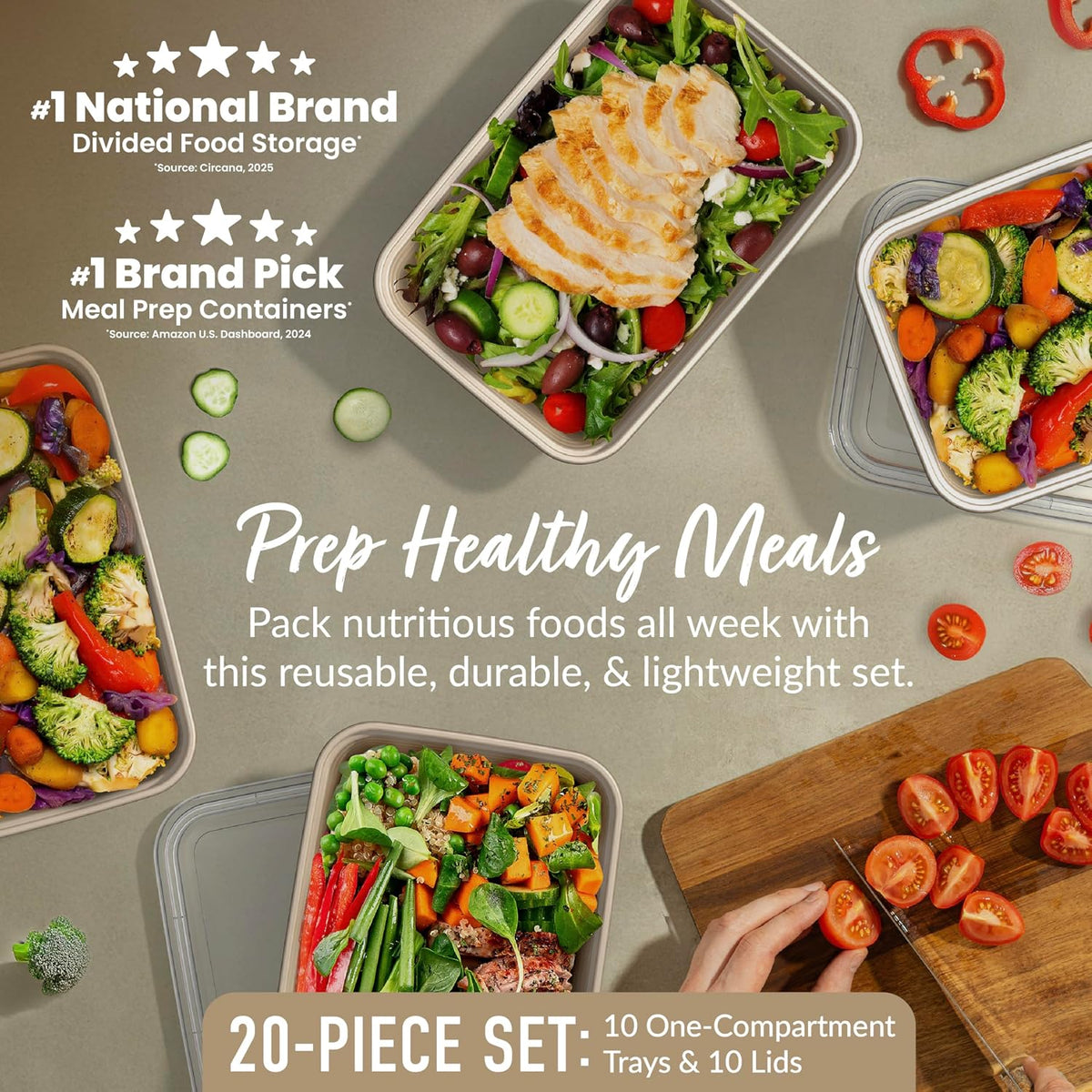 Prep Meal Prep Containers with Lids, 20 Piece, PFAS & BPA-Free | 4-Cup Capacity, Portion Control, Stackable, Microwave, Freezer & Dishwasher-Safe, Reusable (Mint)