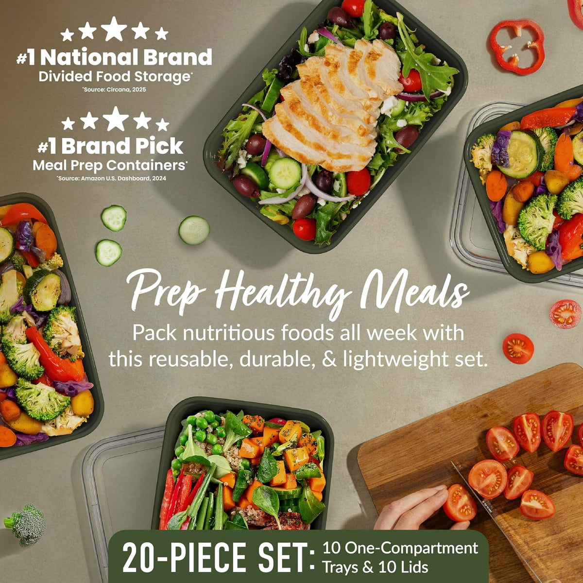 Prep Meal Prep Containers with Lids, 20 Piece, PFAS & BPA-Free | 4-Cup Capacity, Portion Control, Stackable, Microwave, Freezer & Dishwasher-Safe, Reusable (Mint)