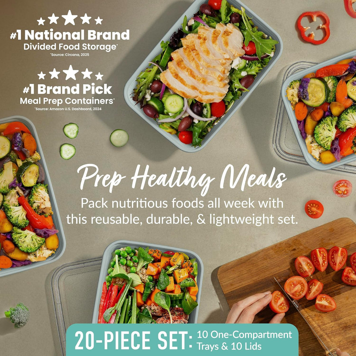 Prep Meal Prep Containers with Lids, 20 Piece, PFAS & BPA-Free | 4-Cup Capacity, Portion Control, Stackable, Microwave, Freezer & Dishwasher-Safe, Reusable (Mint)