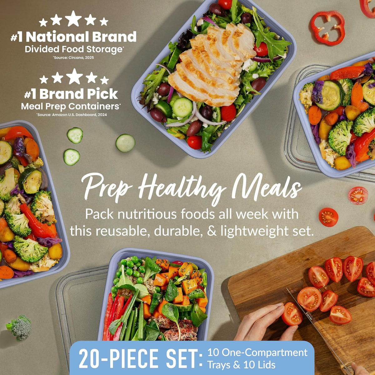 Prep Meal Prep Containers with Lids, 20 Piece, PFAS & BPA-Free | 4-Cup Capacity, Portion Control, Stackable, Microwave, Freezer & Dishwasher-Safe, Reusable (Mint)