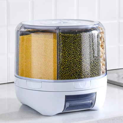20Lbs Grain dispenser 360°Rotating Rice Dispenser 6 Grids Transparent Rotatable Cereal Storage Container with Sealed lid for Dry Food Beans Peanut Barley Millet Seeds