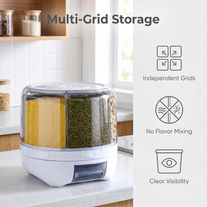20Lbs Grain dispenser 360°Rotating Rice Dispenser 6 Grids Transparent Rotatable Cereal Storage Container with Sealed lid for Dry Food Beans Peanut Barley Millet Seeds