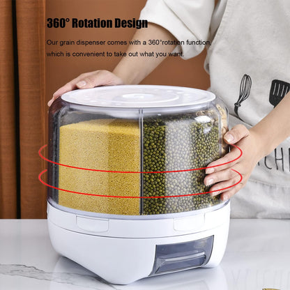 20Lbs Grain dispenser 360°Rotating Rice Dispenser 6 Grids Transparent Rotatable Cereal Storage Container with Sealed lid for Dry Food Beans Peanut Barley Millet Seeds