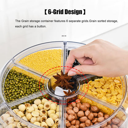 20Lbs Grain dispenser 360°Rotating Rice Dispenser 6 Grids Transparent Rotatable Cereal Storage Container with Sealed lid for Dry Food Beans Peanut Barley Millet Seeds