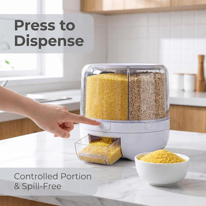 20Lbs Grain dispenser 360°Rotating Rice Dispenser 6 Grids Transparent Rotatable Cereal Storage Container with Sealed lid for Dry Food Beans Peanut Barley Millet Seeds