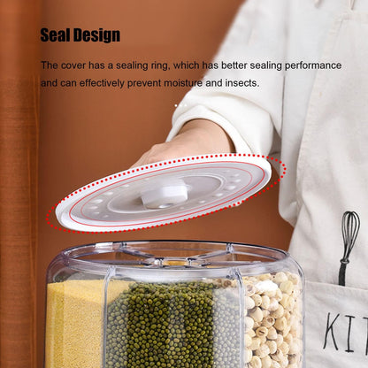 20Lbs Grain dispenser 360°Rotating Rice Dispenser 6 Grids Transparent Rotatable Cereal Storage Container with Sealed lid for Dry Food Beans Peanut Barley Millet Seeds