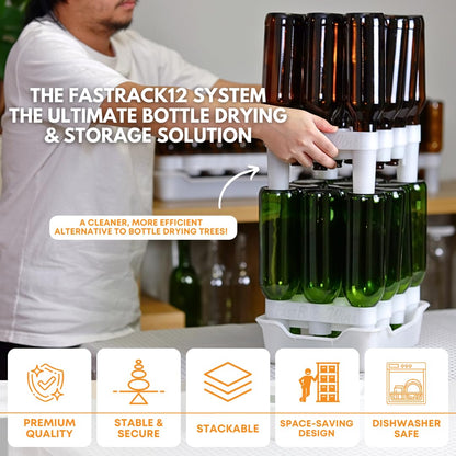 FASTFERMENT - 12-Bottle Drying Rack & Tray| Bottle Drying Tree Alternative | Dry & Store your Wine or Bomber/Belgian Bottles | Stackable | White | Dishwasher Safe | Home Brewing Supplies