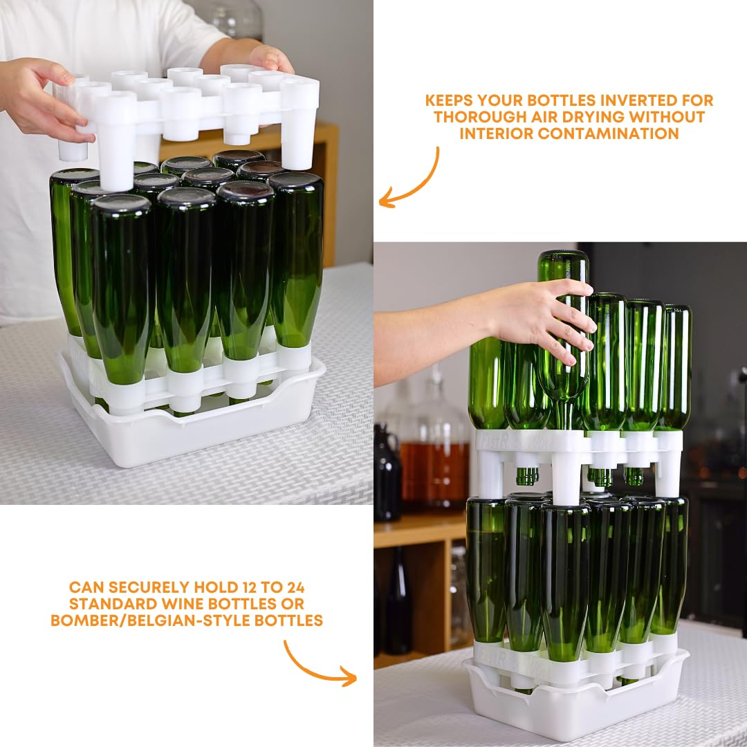 FASTFERMENT - 12-Bottle Drying Rack & Tray| Bottle Drying Tree Alternative | Dry & Store your Wine or Bomber/Belgian Bottles | Stackable | White | Dishwasher Safe | Home Brewing Supplies